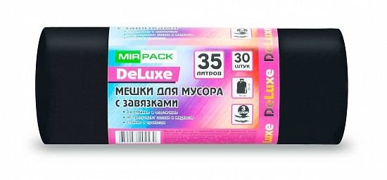 Мешки для мусора с завязками 35 л ПВД 35 мкм чёрные, особо прочные, 30 шт в рулоне, 50×60 см — серия «Делюкс»