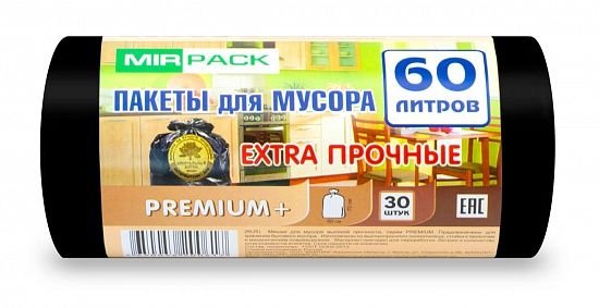Мешки для мусора 60 л ПСД 20 мкм чёрные, особо прочные, 30 шт в рулоне, 60×70 см — серия «Премиум»