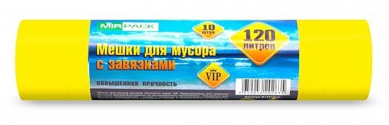 Мешки для мусора с завязками 120 л ПНД 15 мкм жёлтые, 10 шт в рулоне, 75×80 см — серия «Вип»