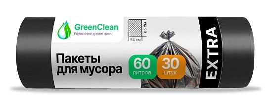 Мешки для мусора 60 л ПНД 12 мкм чёрные, 30 шт в рулоне, 54×65 см — GreenClean «Экстра»