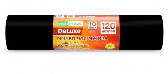 Мешки для мусора с завязками 120 л ПСД 40 мкм чёрные, 10 шт в рулоне, 65×105 см — серия «Делюкс»