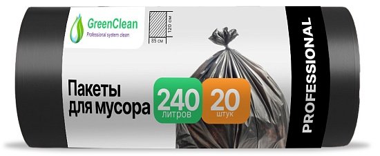 Мешки для мусора 240 л ПВД 30 мкм чёрные, 20 шт в рулоне, 85×120 см — GreenClean «Профессионал»