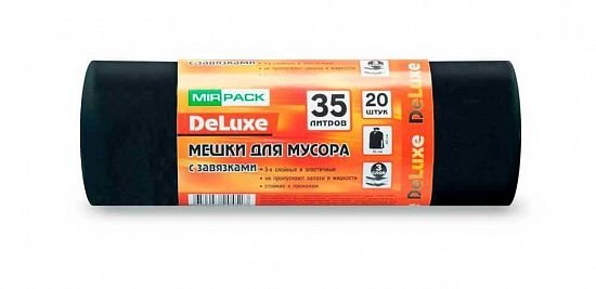 Мешки для мусора с завязками 35 л ПВД 35 мкм чёрные, особо прочные, 20 шт в рулоне, 50×60 см — серия «Делюкс»