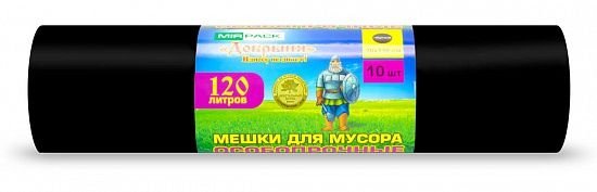 Мешки для мусора строительные 120 л ПВД 100 мкм чёрные, двухслойные, 10 шт в рулоне, 70×110 см — серия «Добрыня»