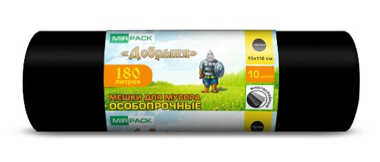 Мешки для мусора строительные 180 л ПВД 100 мкм чёрные, 10 шт в рулоне, 93×110 см — серия «Добрыня»