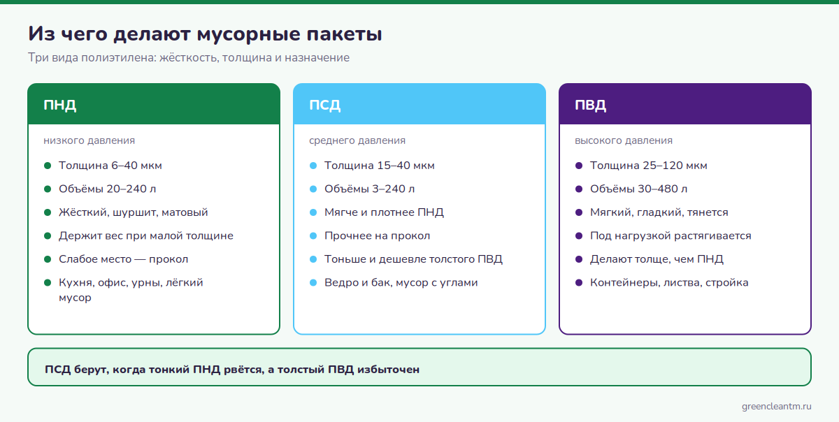 Три вида полиэтилена для мусорных пакетов: ПНД, ПСД и ПВД