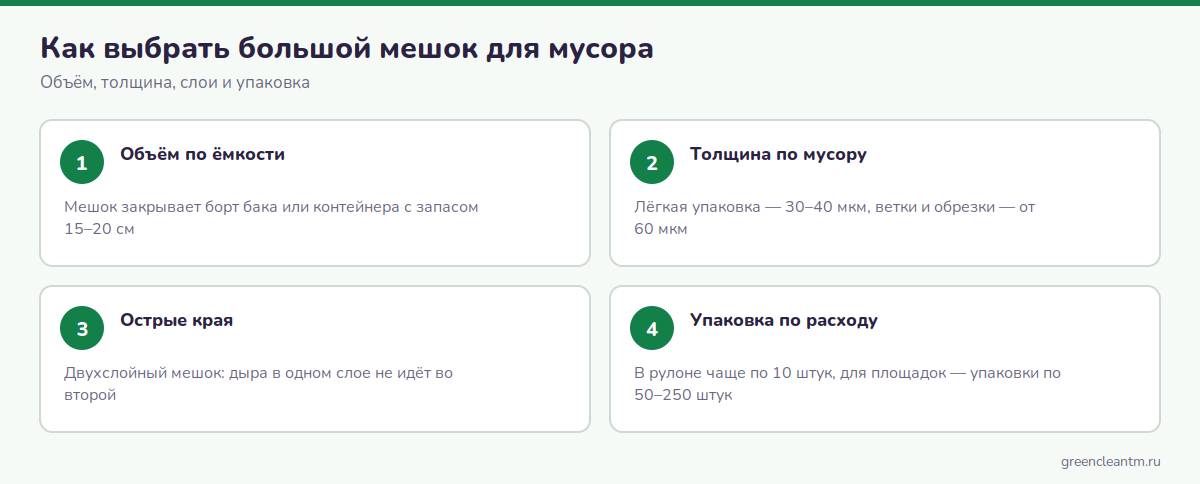 Как выбрать большой мешок для мусора: объём, толщина, слои и упаковка