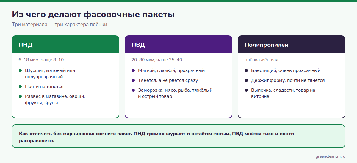 Виды фасовочных пакетов по материалу: ПНД, ПВД и полипропилен