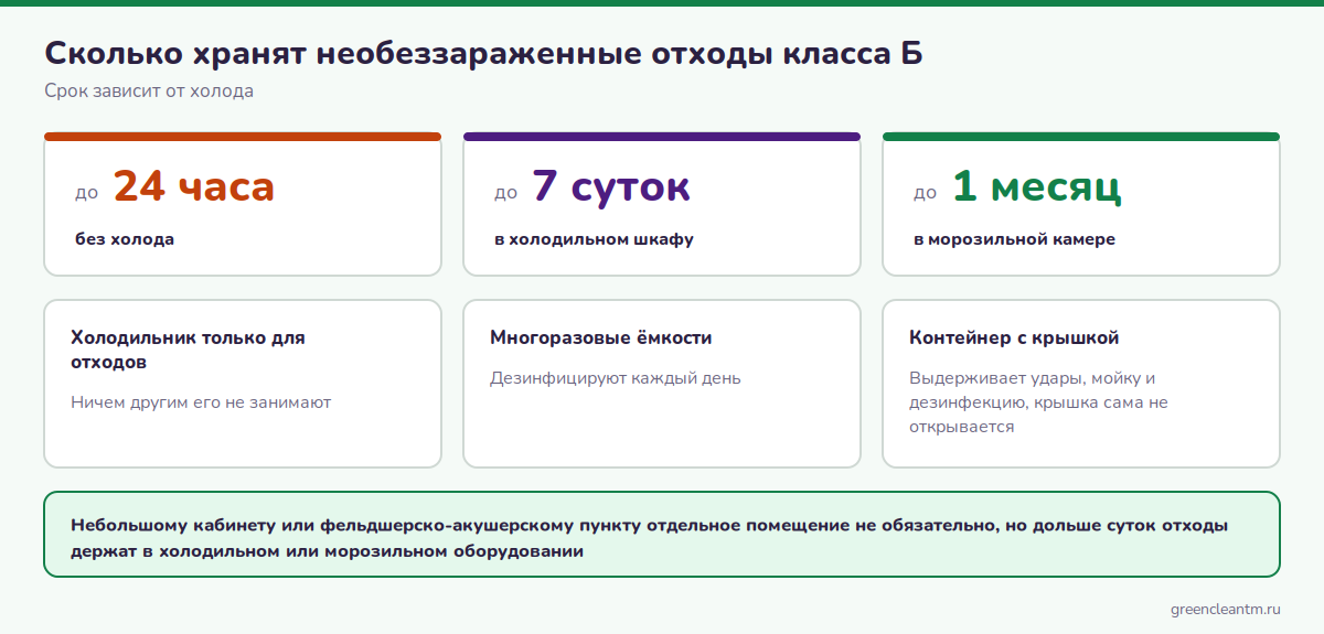 Сроки хранения необеззараженных отходов класса Б: 24 часа, 7 суток и 1 месяц