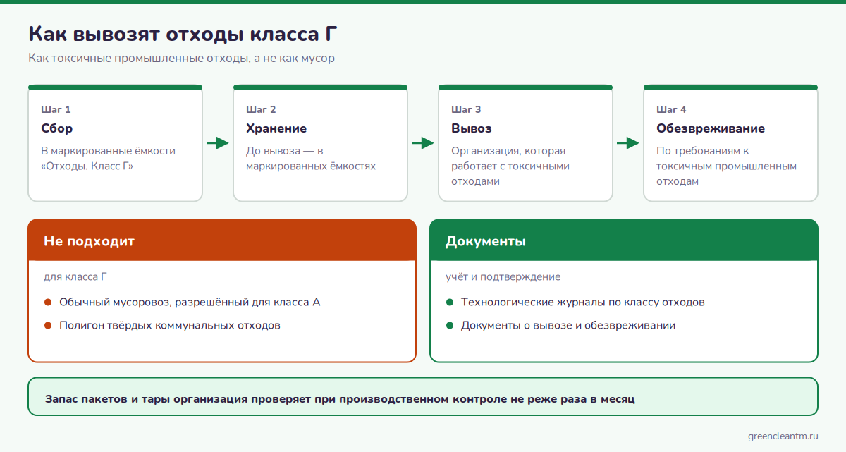 Путь отходов класса Г: сбор, маркированная ёмкость, вывоз как токсичных промышленных отходов