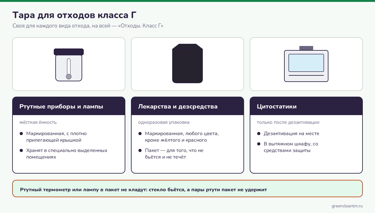 Тара для отходов класса Г: ёмкость с крышкой для ртутных приборов и чёрный пакет для лекарств