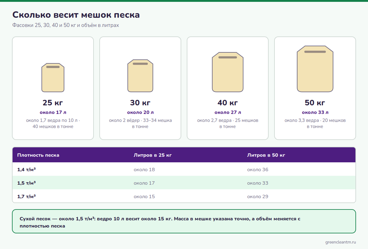 Сколько весит мешок песка: 25, 30, 40 и 50 кг и объём в литрах